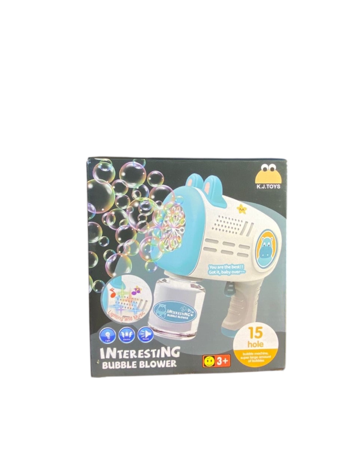 15-Hole Automatic Bubble Gun Toy with Lights & Stickers – White & Yellow (Includes Bubble Liquid, Age 3+)
