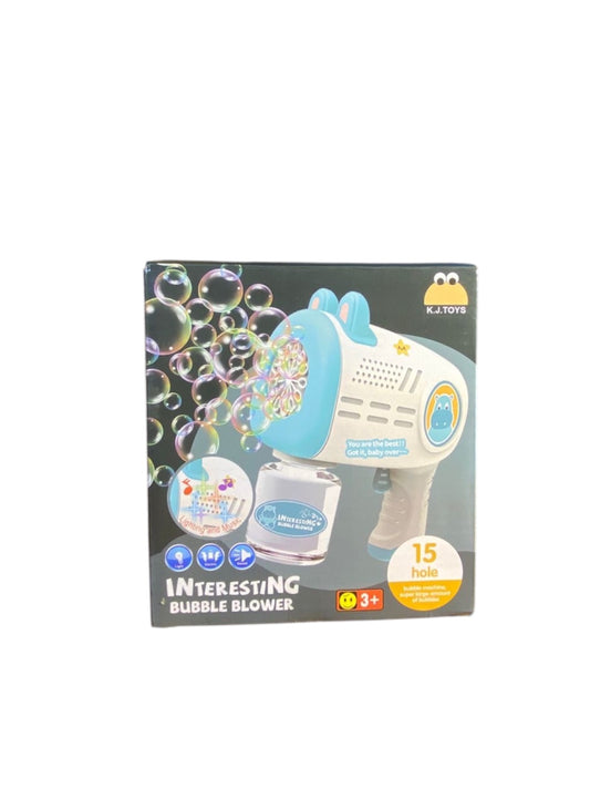 15-Hole Automatic Bubble Gun Toy with Lights & Stickers – White & Yellow (Includes Bubble Liquid, Age 3+)