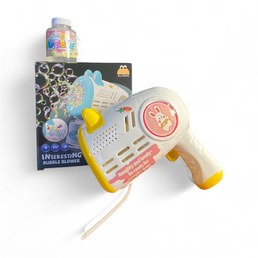 15-Hole Automatic Bubble Gun Toy with Lights & Stickers – White & Yellow (Includes Bubble Liquid, Age 3+)